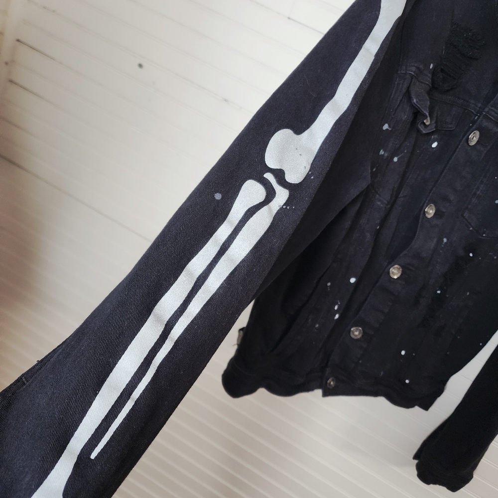 R3BEL Black Denim‎ Skeleton Arm Jacket Distressed Large Unisex - Picture 3 of 16